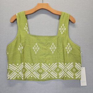 Calypso  St. Barth Cropped Top M Linen Embroidered Button green